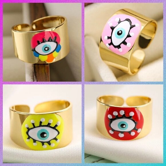 Boho Evil Eye Enamel and Copper Adjustable Ring #1300 PURPLE - Picture 8 of 14